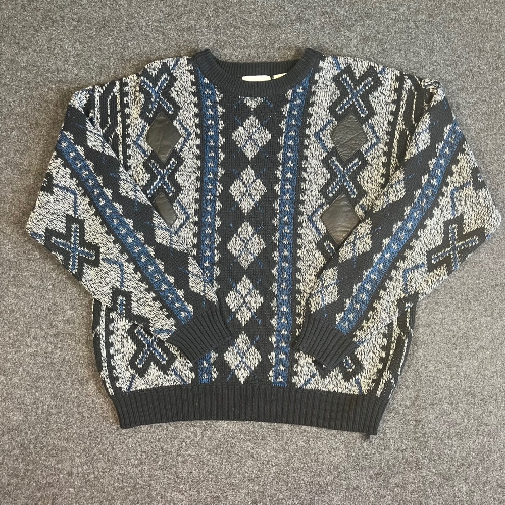 Puritan Vintage Mens Large Geometric Knit Dadcore Sweater Faux Leather Patch